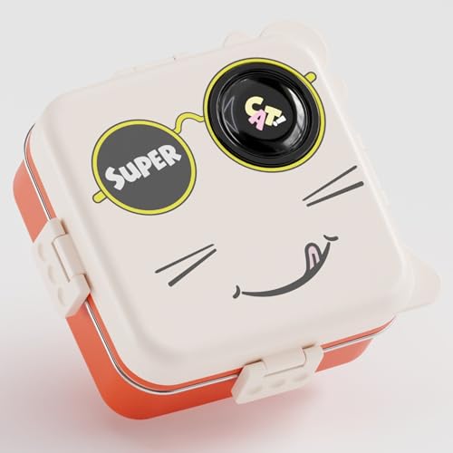 Image of Lunch Box for Kids & Adults, Multi Layer Tiffin Box, Stainless Steel Food Container with Partition, Leakproof 3 Compartment Bento Box with Spoon, 1120ml + 70ml (White, Super Cat)