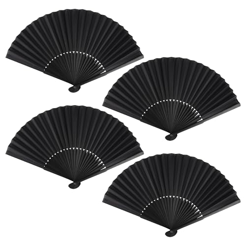 KEYIDO Lot de 4 Eventail Noir Éventail Bois Solide Evantaille Tissu Evantail Japonais Chinois Petit Éventails Mini Éventail Décoration pour Femme Mariage Été...