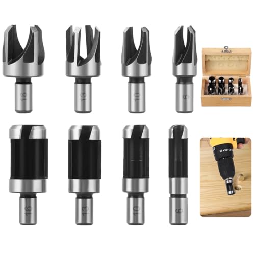 Image of 8-Piece Wood Plug Cutter Set, Includes 1/4, 3/8, 1/2, 5/8 Drill Bits with Wooden Box, Straight & Tapered Carbon Steel Tools for Woodworking