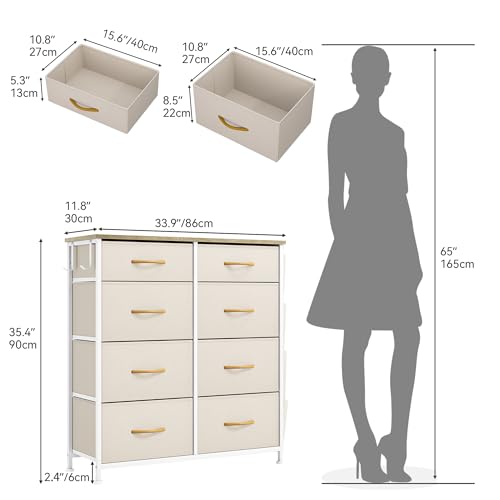 YITAHOME Ladecommode, dressoir met zijzakken en haken, stof 8 laden met handgrepen, metalen frame, houten blad, voor slaapkamer, woonkamer, hal, beige - Afbeelding 4