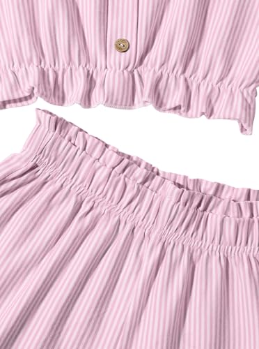 Image of Girls 2 Piece Summer Outfits Ruffle Strap Striped Crop Top and Short Sets Pink 7-8 Years