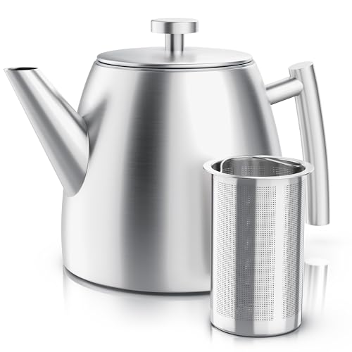 Arendo - Teekanne Edelstahl mit Siebeinsatz – 1000 ml - Teekanne thermo doppelwandig – Silber