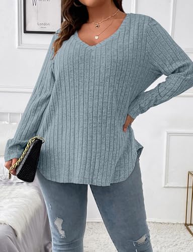 Image of Koscacy Women Plus Size Casual Knit Sweater V Neck Solid Color Tops Lightweight Long Sleeve Blouses