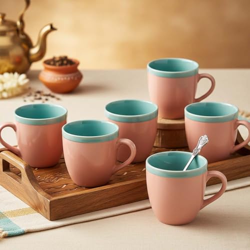 Image of The Earth Store Pink Flow Ceramic Tea Cup Set of 6 for Tea | 220ML Each | Microwave & Dishwasher Safe | Perfect for Every Occasion Chai | Coffee Cups for Home, Office, Gifting & Daily Use