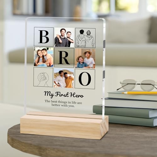 Image of Giftplease Customized Photo And Text Frame With Wooden Stand | Personalised Printed Photo Frame | Gift For Brother | Birthday | (Transparent, 5MM, 6 * 8 Inches), Tabletop BG 13