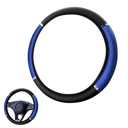 Blue Anti-Slip Steering Wheel Cover with Foam Metal Trim Soft Breathable Fiber Leather Car Steering Wheel Protective Cover for D-Type Round Wheels Universal Size 37-38cm for Vehicles Car SUV