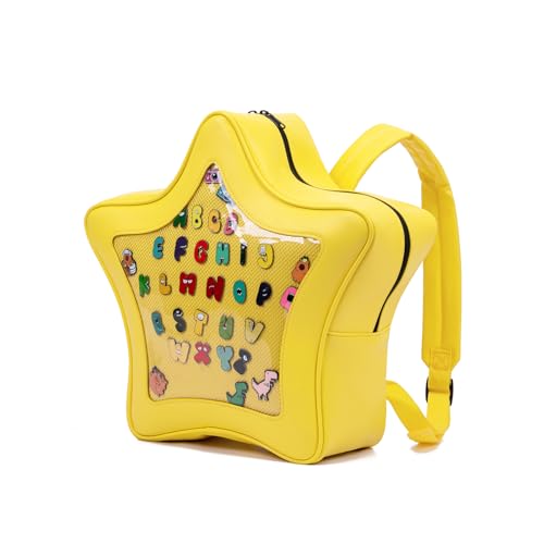 Image of Yellow Star-Shaped Kawaii Ita Backpack, Ita Bag for Women Girls, Y2K Cute Aesthetic, Pin Bag for Anime PU Leather