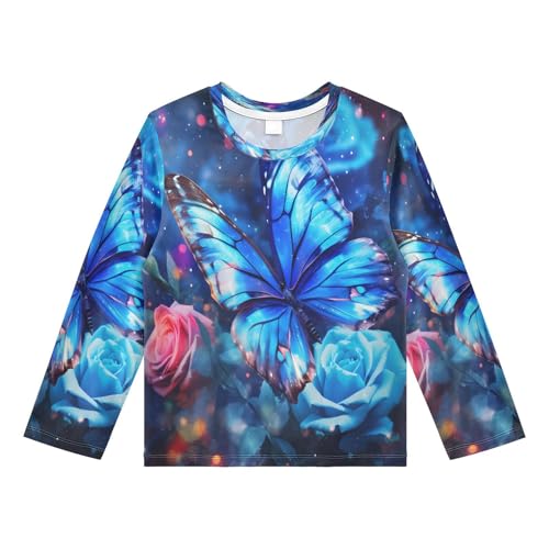Boys Rash Guard Swim Shirt Long Sleeve UPF+ 50 Sun Shirts Quick Dry Shirt Rose Butterfly for Toddler Kids