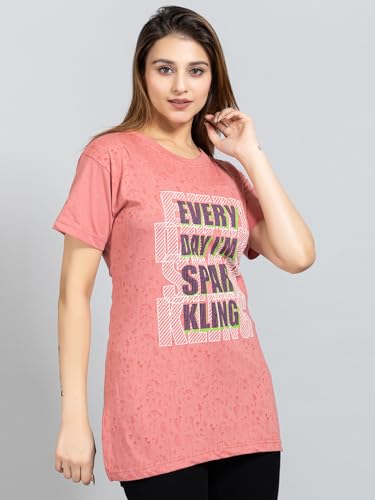 Image of Magknit Fancy Printed Both Side Cut Cotton Blend Half Sleeves and Lightwiegt Trendy Summer Long T Shirt for Women