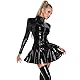 PIIKNUO Leder Bodysuit Damen Sexy Wetlook Body Kleid Party Latex Sexy Damen Lackleder Kleid Latex Kurze Partykleider Bodysuit Leder Kleider Minikleid Clubwear Glänzendes Lackleder Langarmkleid(M)