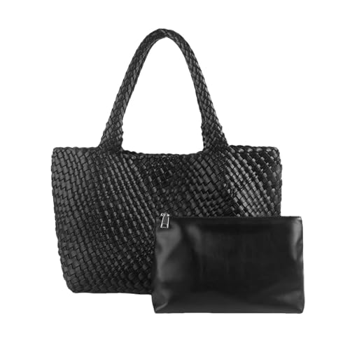 Image of Woven Tote Bag for Women Retro Handwoven Shoulder Travel Handbag Large Capacity Hobo Vegan Leather Bags with Purse