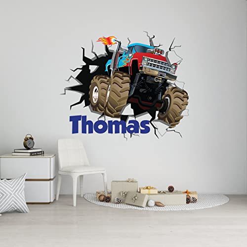 Personalized Monster Truck Wall Decal Custom Your Own Name - Boy's Room Wall Decal Hole In The Wall With Monster Truck - Nice Gift For Boys D-4 #TOP8