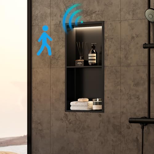 Qeke Stainless Steel Shower Niche 12" X 24", No Tile Needed Wall Niche Double Shelves with Non-Dimmable Led Strip &Motion Sensor, Recessed Shower Shelf for Bathroom Storage, Matte Black