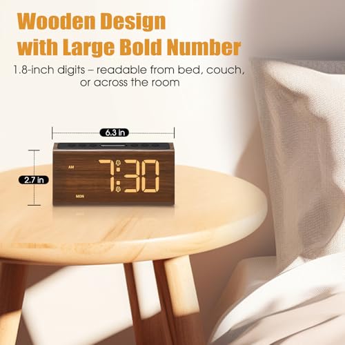 Cadmos Wooden Digital Alarm Clock for Bedroom,Electric Desk Clock with USB Port,Loud Alarm for Heavy Sleepers,Adjustable Volume & Dimmer,Snooze,DST,Wood Decor,Bedside & Desk Us(Brown - Amber Digits) - Image 2