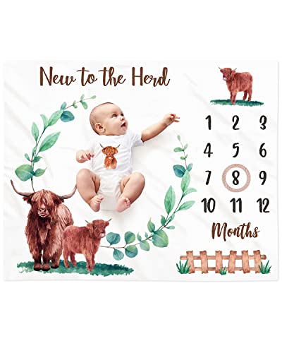 Image of Eunikroko Highland Cow Baby Monthly Milestone Blanket Scotland Photo Prop Blanket with Greenery New to The Herd Cattle Gift Ideas for Newborn Boy Girl Nursery Décor Baby Shower 40" X 50"