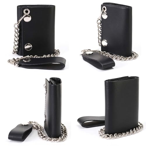 Milwaukee Leather MLW7831 Men's 4" Classic Black Plain Genuine Leather Tri-Fold Biker Wallet w/Anti-Theft Stainless Steel Chain - One Size4
