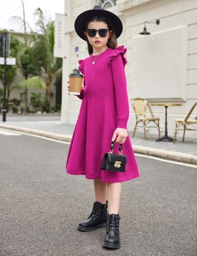 Arshiner Girls Sweater Dress Fall Winter Lantern Long Sleeve Cable Knit Pullover Midi Dresses4