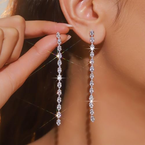Silver Dangle Earrings for Women Trendy Dainty Cubic Zirconia Long Dangle Drop Earrings Prom Wedding Party Jewelry Gifts2