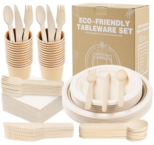 Anstore 200 Stück Pappteller Set Biologisch Abbaubares Kompostierbare...