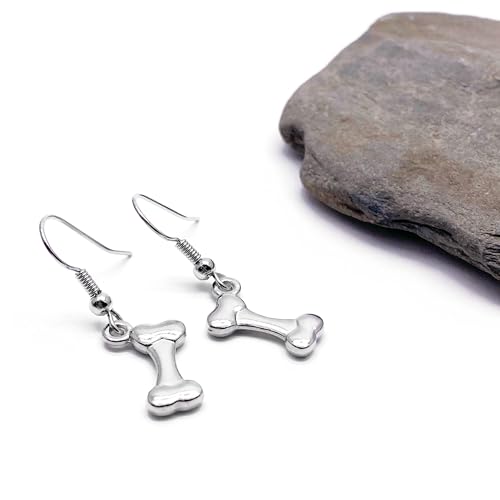Dog Bone Earrings, Tibetan Silver 3D Charms on Nickel Free Silver Plated Hooks : 34mm long, Cute Gift for Dog Lover and Pet Owner, Canine Theme Jewellery