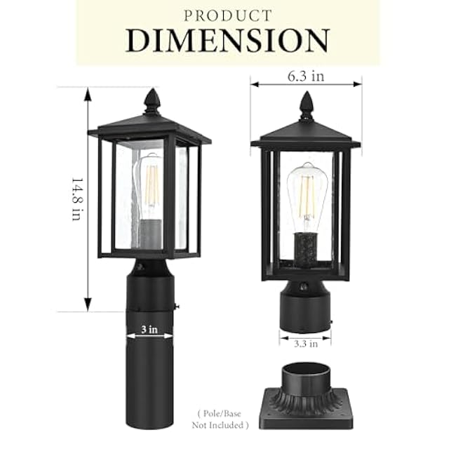 Outdoor Dusk to Dawn Post Light Fixture with Glass, Aluminum Light Post Lamps for Patio, Yard, Garden, Porch