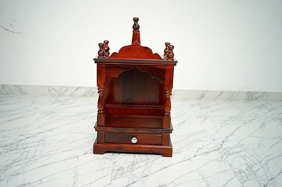Image of Sheesham Wood Temple Solid Wood Classic Wooden Temple for Home, Office Pooja Mandir with 1 Drawer for Storage Home Decoration | Wall Devghar