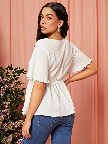 Oyoangle Women's Maternity Deep V Neck Short Sleeve Ruffle Hem Blouse Peplum Tops White M #TOP1