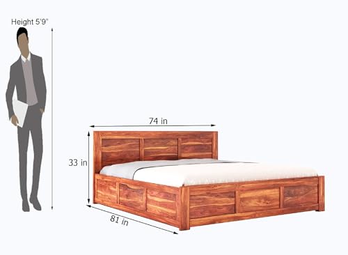 Image of STRATA FURNITURE Sheesham Wood King Size Bed with Box Storage Wooden Double Bed Cot Bed Furniture for Bedroom Living Room Home (Honey Finish)