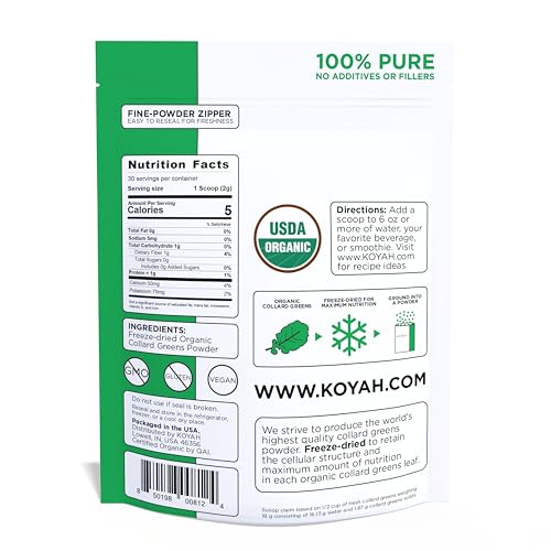 KOYAH - Organic USA Collard Greens Powder (Equivalent to 15 Cups Fresh): Freeze-Dried, Whole-Leaf Powder - Thumbnail 2