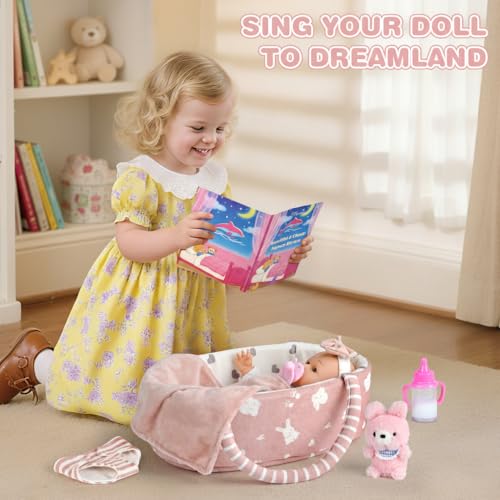 Dreamon 12'' Baby Doll Playset with Carrier Bassinet Bed, 11PCS Baby Doll Accessories Includes Pacifier, Blanket, Pillow, Diaper, Pretend Play Set Baby Doll Care Toys Gifts for Kids Girls by Dreamon - Image 9