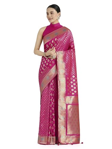Monjolika Fashion Women's Elegant Rani Pink Color Banarasi Silk Saree With Gold Zari Weaving Work Comes with Unstitched Blouse Piece(14400_Color) (Rani Pink) Deal