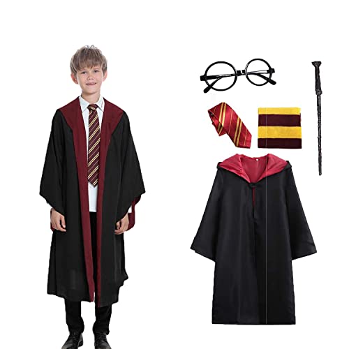 Antbutler Kinder Faschings Hermione Harry Kostüme Potter Cosplay mit Cape Outfit Set Zauberstab Krawatte Gläser für Karneval Halloween (Black, Kid-140) Cover