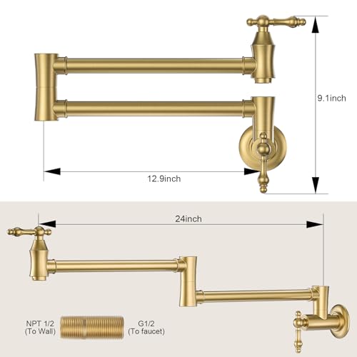 Arcora AR7106800G Pot Filler Faucet, Traditional Brushed Gold Pot Filler Wall Mount Commercial Stove Faucet With Double Joint Swing Arms Brass Kitchen Pot Faucet thumb #5