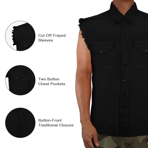 Dream Apparel Mens Cut Off Button-Down Cotton Denim Shirt Lightweight Stonewashed Frayed Sleeveless Shirt w/ 2 Chest Pockets3