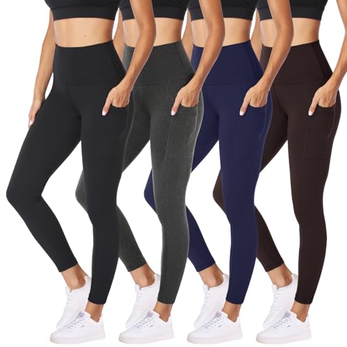 NexiEpoch 4 Pack Leggings with Pockets for Women - High Waisted Tummy Control Soft Black Yoga Pants for Athletic Workout