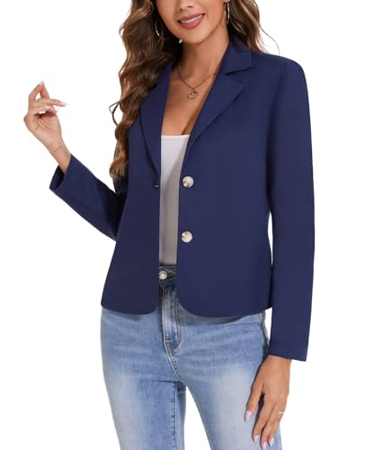 MINTLIMIT Womens Linen Blazers Casual Long Sleeve Lapel Button Lightweight Work Office Suit Jackets Blazer,Navy Blue,L2