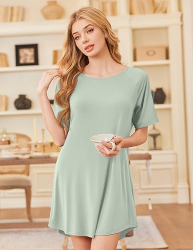 Image of Ekouaer Nightgowns for Women Bamboo Viscose Night Gown Short Sleeve Sleep Shirt Cooling Nightshirt Soft Sleepwear S-XXXL