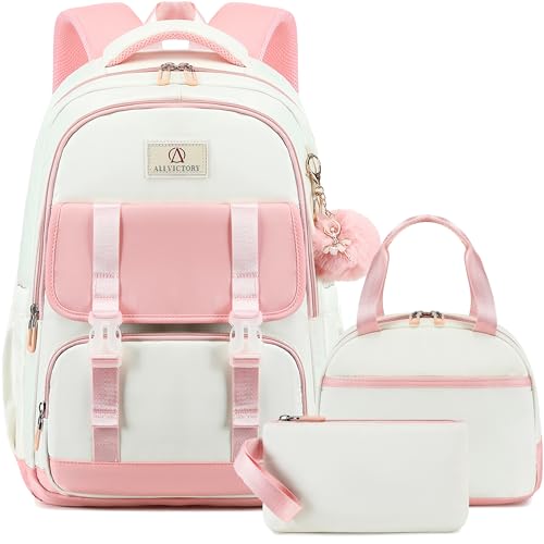 AO ALI VICTORY School Backpack for Girls Women 15.6 Inch Laptop Backpacks College Bookbag Cute Kids Elementary Middle High School Bag with Lunch Box Set for Teens Students Travel Daypack, Pink Set by AO ALI VICTORY - Used condition - US$28.69