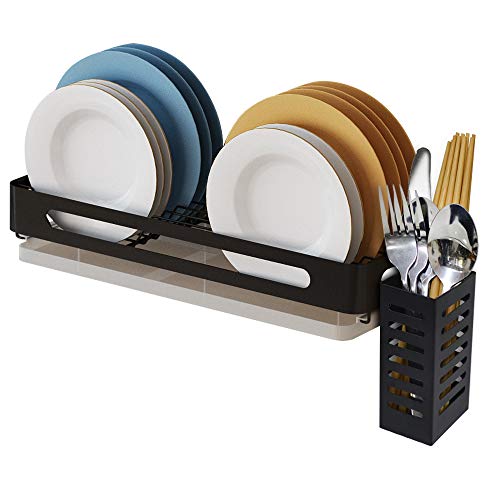 Hanging Dish Drying Rack Wall Mounted Dish Drying Rack with Utensil Holder,Kitchen Cabinet Storage Plate Rack with Drain Board,Durable-Stainless Rust Proof（Black Dish）