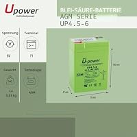U-Power AGM Batterie 6V 4.5Ah, VRLA Bleiakku wartungsfrei, wiederaufladbar, Faston F1 (4,8 mm), für Alarmanlagen, USV/UPS, Sicherheit & Elektronik – Ansicht 2
