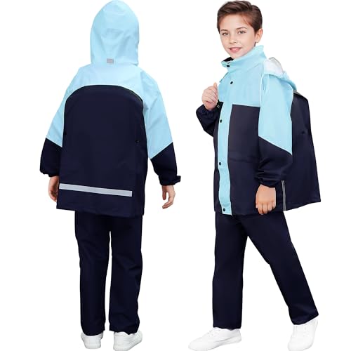 Baogaier Kinder Regenanzug Jungen Mädchen Regenjacke mit Kapuze und Regenhose Set, Leicht Winddicht Wasserdicht Jacke und Hose Anzug, Regenmantel für Camping Wandern, 8–9 Jahre, Hellblau Schwarz