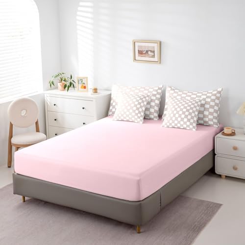Image of Erosebridal Light Pink Checkered Full Bed in A Bag 7 Piece White Cream Checkerboard Bedding Set,Buffalo Plaid Grid Comforter Set with Sheets for Kids Girls Teen Aesthetic Geometric Gingham Bed Set