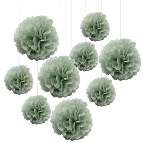 Lot de 9 pompons en papier de soie vert sauge poudré à suspendre pour anniversaire, mariage, fête prénatale, verdure botanique, crèche, safari sauvage