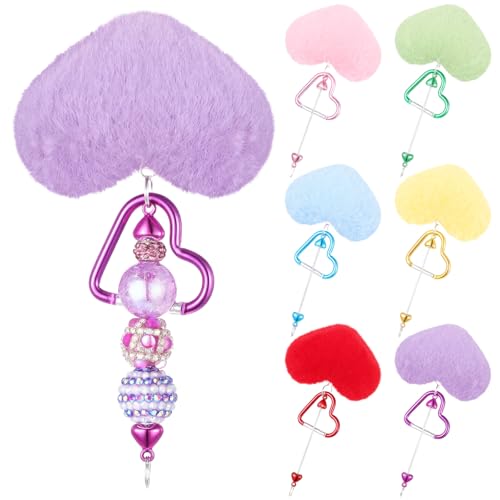 Sasylvia 6 Pcs Beadable Keychain Bars Heart Pom Pom Key Chains Blank Beaded Keychain Making Gifts Bag Accessory for DIY Crafts (Cute Color)