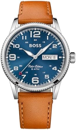 BOSS Analogue Quartz Watch for Men PILOT VINTAGE Collection with Light Brown Leather Strap - 1513331