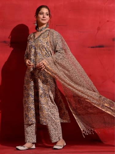 Nainvish Women's Rayon Printed Straight V-Neck Kurta Pant With Dupatta (Sd687_Kbd-Xl_Beige)