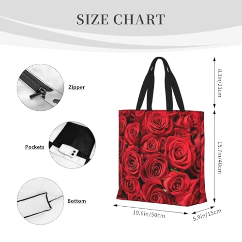 Large Capacity Shoulder Bag with Zipper,Reusable Grocery Red rose Print Tote Bag for Shopping4