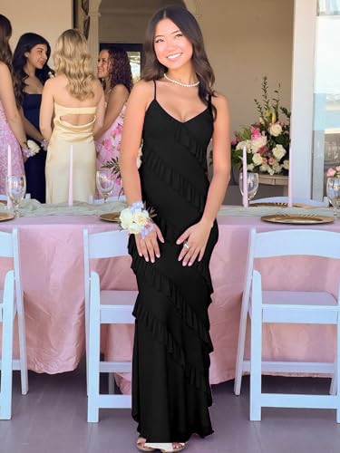 Image of HOCILLE Women's Sexy V Neck Backless Bodycon Spaghetti Strap Elegant Ruffle Maxi Cocktail Party Dresses