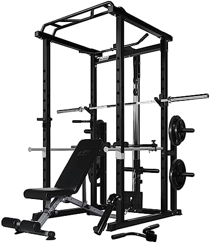 RitFit Garage & Home Gym Package Includes Optional 1000LBS Power Cage with LAT Pull Down,Weight Bench, Barbell Set with Olympic Barbell (Package 1.2K (Rubber Plate 140LBS))-Black