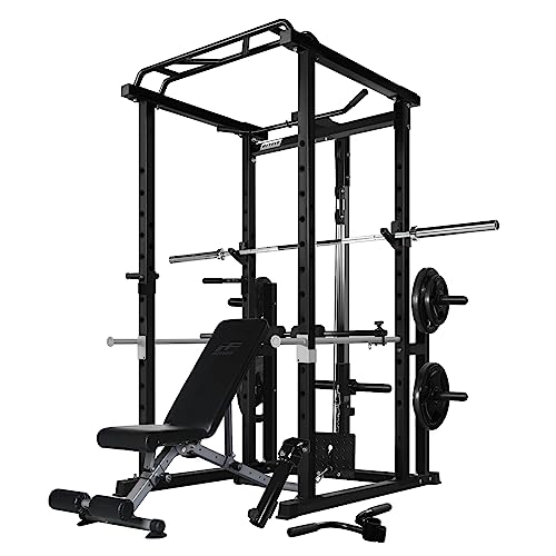 Ritfit Garage & Home Gym Package Includes Optional 1000Lbs Power Cage With Lat Pull Down,Weight Bench, Barbell Set With Olympic Barbell (Package 1.2K (Rubber Plate 140Lbs))-Black #TOP3